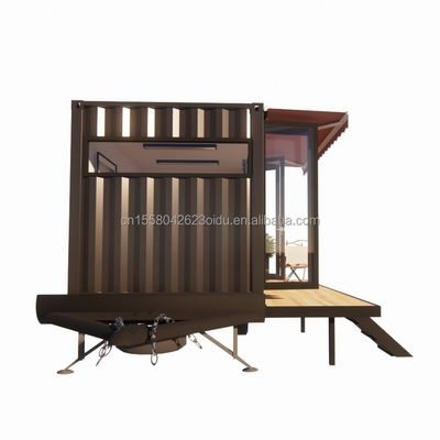 Casa de contêiner mini móvel moderna com estrutura de aço galvanizado de aço e rodas de material de painel de sanduíche