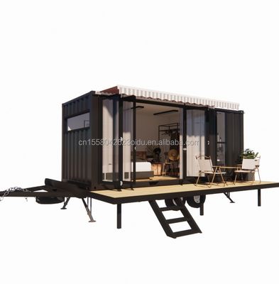 Casa de contêiner mini móvel moderna com estrutura de aço galvanizado de aço e rodas de material de painel de sanduíche