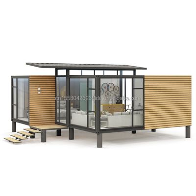 Container de jardim de design moderno Estrutura de aço Casa de madeira Janela de habitação familiar Janela de liga de alumínio