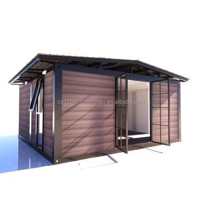 Container de embalagem plana Escritório pré-fabricado de metal e madeira para jardim com tubos quadrados de aço galvanizado